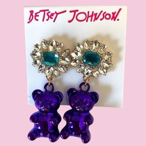 💜🧸BETSEY JOHNSON Purple Gummy Bear Drop Crystal Flower Earrings
